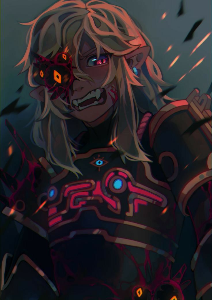 a digital illustration of a fierce warrior with glowing red eyes, in dark armor, with blood dripping down their face and armor.