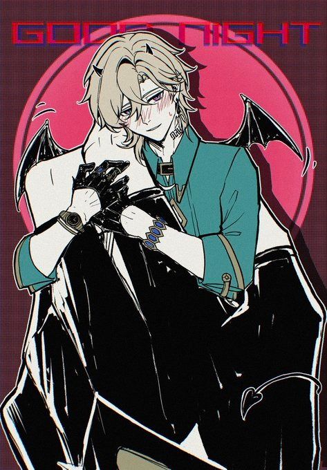 the image is a digital drawing or illustration in an anime/manga style. it depicts two young men, one with blond hair and devil horns/wings embracing the other.  the color palette is dark with teal and black being prominent. the overall mood is romantic and slightly gothic. the text "good night" is present in the upper portion of the image. the style is expressive and slightly stylized.