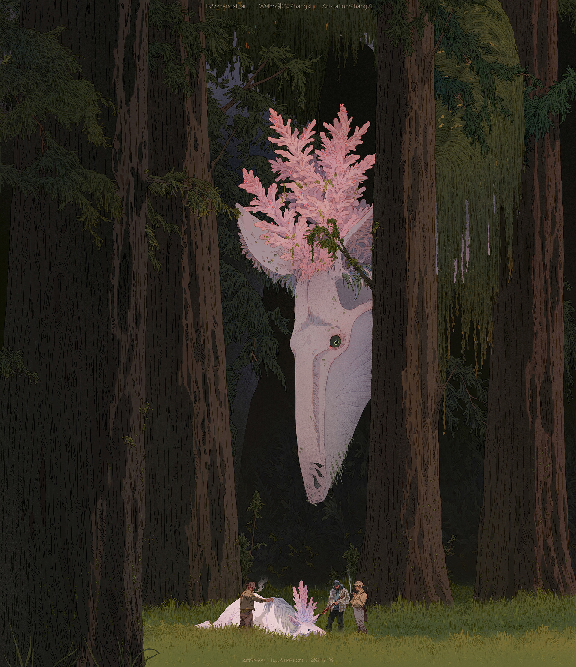 a digital painting of a large, white, mythical creature hidden in a dense forest, with only it's head and top of it's body showing. it has a pink floral crown, and it's staring towards the viewer. there are a couple of small figures in the foreground, looking up at the large creature. the forest is made of very tall, thin trees with green leaves. the light in the painting is soft and ethereal, casting long shadows through the trees. this is an imaginative piece of art that transports the viewer to a magical world. the creature is mysterious and intriguing, and the overall feeling of the painting is one of awe and wonder.  the artwork is whimsical and dreamy. it's beautiful, captivating, and stunning.