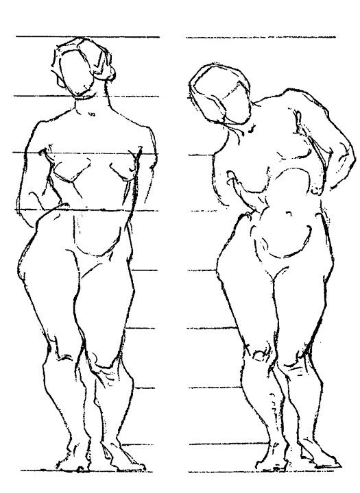 the image shows two line drawings of female nude figures. they appear to be studies of the human form, focusing on body proportions and pose.  the figures are presented in slightly different postures. one stands fairly straight, while the other is shown slightly bent over. both figures are sketched on a gridded background, suggesting a method of measurement and construction. the style is quick and expressive, characteristic of gesture drawing.  the linework is loose but captures the essential form and musculature of the figures.  the overall impression is one of a work in progress or an artistic exercise.
