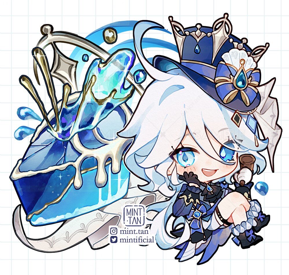 a cute chibi illustration of ganyu from genshin impact. she is wearing a winter dress, hat, and holding a glass of ice water. the background is snowy and the overall vibe is wintery and magical.