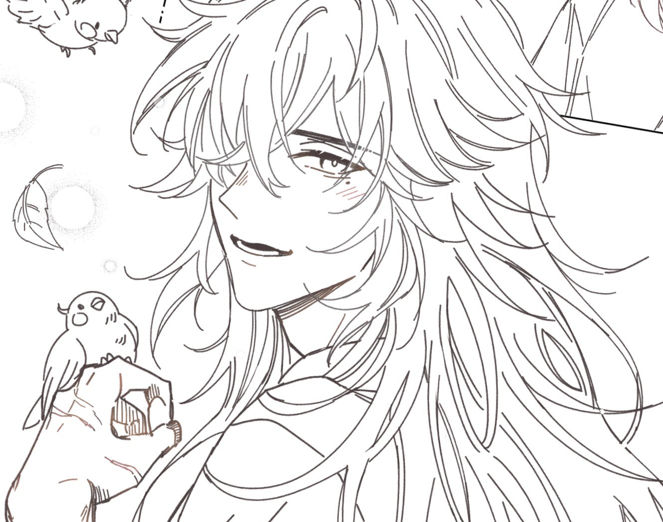 a black and white line art drawing of a handsome anime character with long white hair smiling happily with a small bird in his hand. the image is simple yet very cute and conveys the joy of the character.