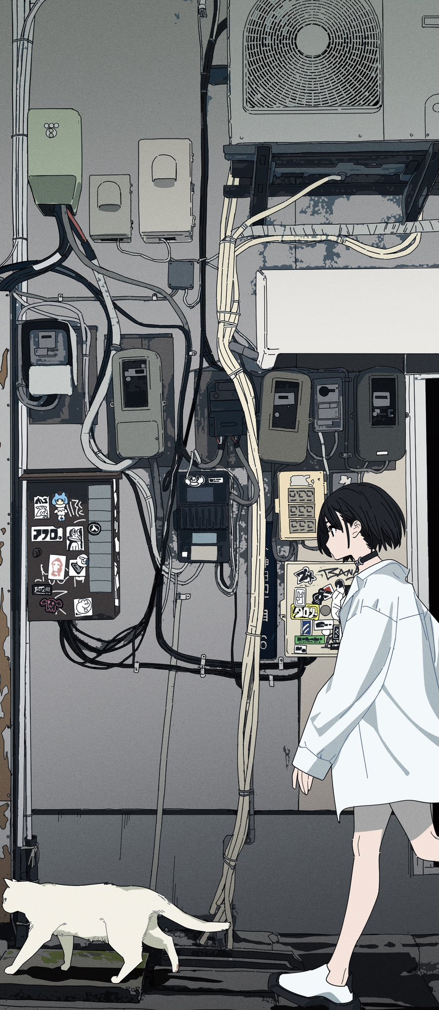 the image is an animestyle illustration of a young woman with short black hair walking down a city alleyway with her white cat. the alleyway is cluttered with various electrical boxes, wires, and cables attached to the building wall. the wall shows signs of age and wear with stickers and graffiti. the overall aesthetic is urban and slightly grunge. the girl is wearing a large, loose white shirt. the cat is walking ahead of her. the image is rendered in a muted color palette with primarily greys, whites, and light beige.