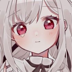 a closeup illustration of a young anime girl with large, watery red eyes, suggesting she is sad and on the verge of tears. her white hair frames her face, and she has rosy cheeks with light blush marks. the style is typical of anime and manga, with exaggerated features and a focus on conveying emotion.