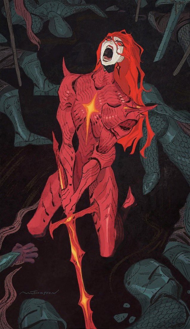 a woman in red armor, with long red hair, is screaming and holding a sword in her hand, she's covered in blood, and the illustration suggests she is in the middle of a battle. the image is dark and dramatic, and the woman's fierce expression suggests she is a powerful warrior.