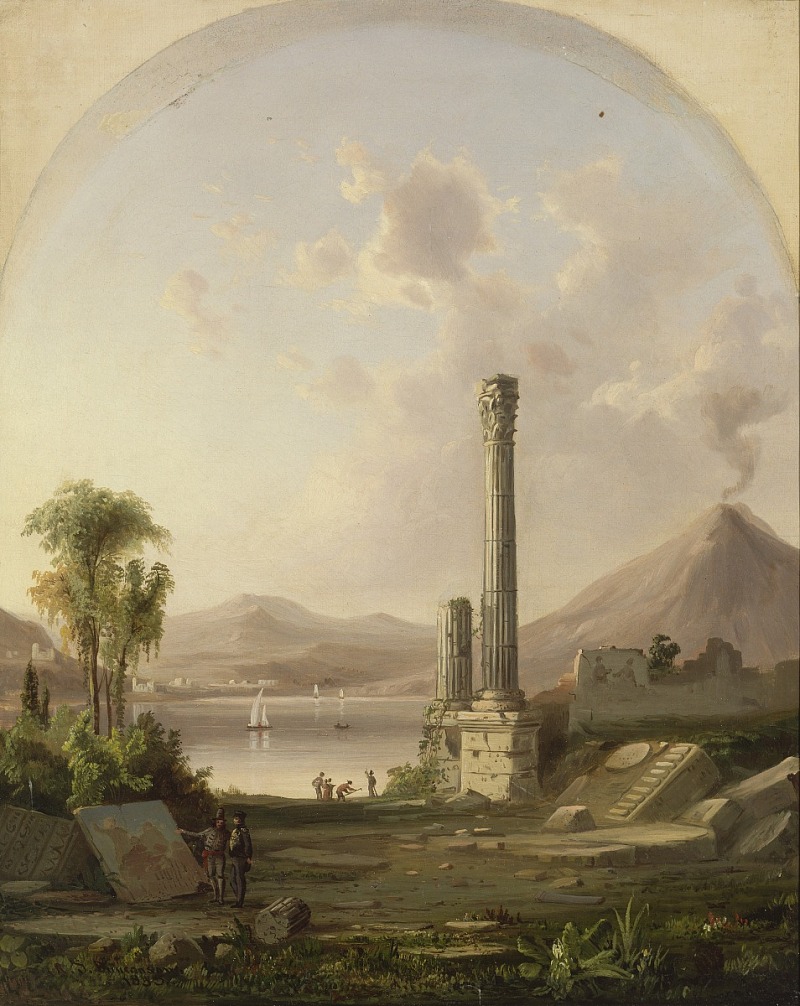 a painting depicting a landscape with ancient ruins. in the foreground are the remnants of columns, with a prominent intact column standing tall. two figures stand near a fallen piece of stone with inscriptions. a bay with sailboats is visible in the midground, with people gathered near the shore. in the background is a mountain, with smoke rising from mount vesuvius. the sky is filled with clouds. the painting is framed with an arched border.