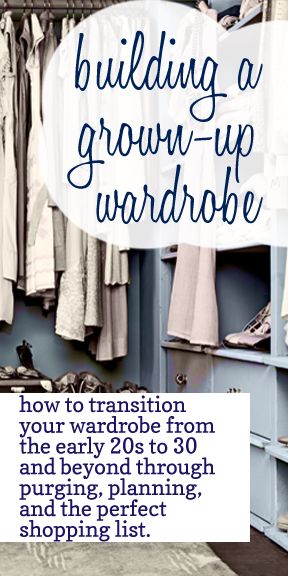 the image is a graphic for a blog post about transitioning a wardrobe from the early 20s to 30 and beyond. the title of the blog post is "building a grownup wardrobe." the graphic includes a picture of a closet with clothes and shoes. the text "how to transition your wardrobe from the early 20s to 30 and beyond through purging, planning, and the perfect shopping list." is also included in the graphic.