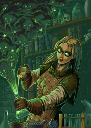 a female alchemist with determined eyes and wearing goggles works intently in her dimly lit laboratory.  she wears leather armor over her clothes, hinting at the potentially dangerous nature of her work.  she pours a glowing green liquid from a small vial into a larger glass flask, creating a swirling vortex of emerald smoke filled with eerie faces. the laboratory around her is cluttered with shelves overflowing with bottles, books, and strange ingredients, including several skulls.  the scene evokes a sense of mystery, danger, and powerful magic brewing.
