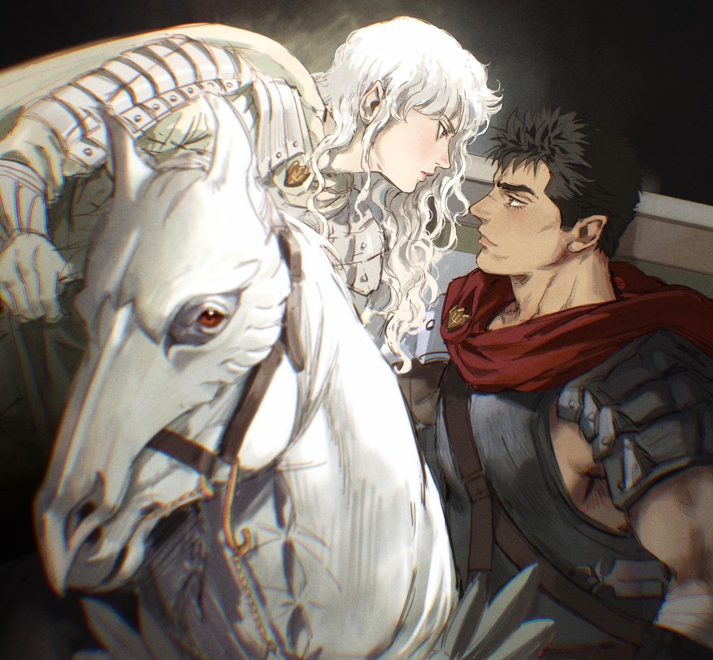 this is a digital illustration of a man and a woman, seemingly from a fantasy world. the woman has long, white hair and is wearing shining armor, sitting atop a white horse. the man, who has a red scarf around his neck, looks up at her with concern. they both appear to be warriors. the setting seems to be indoors and dimly lit, adding to the drama of the scene.