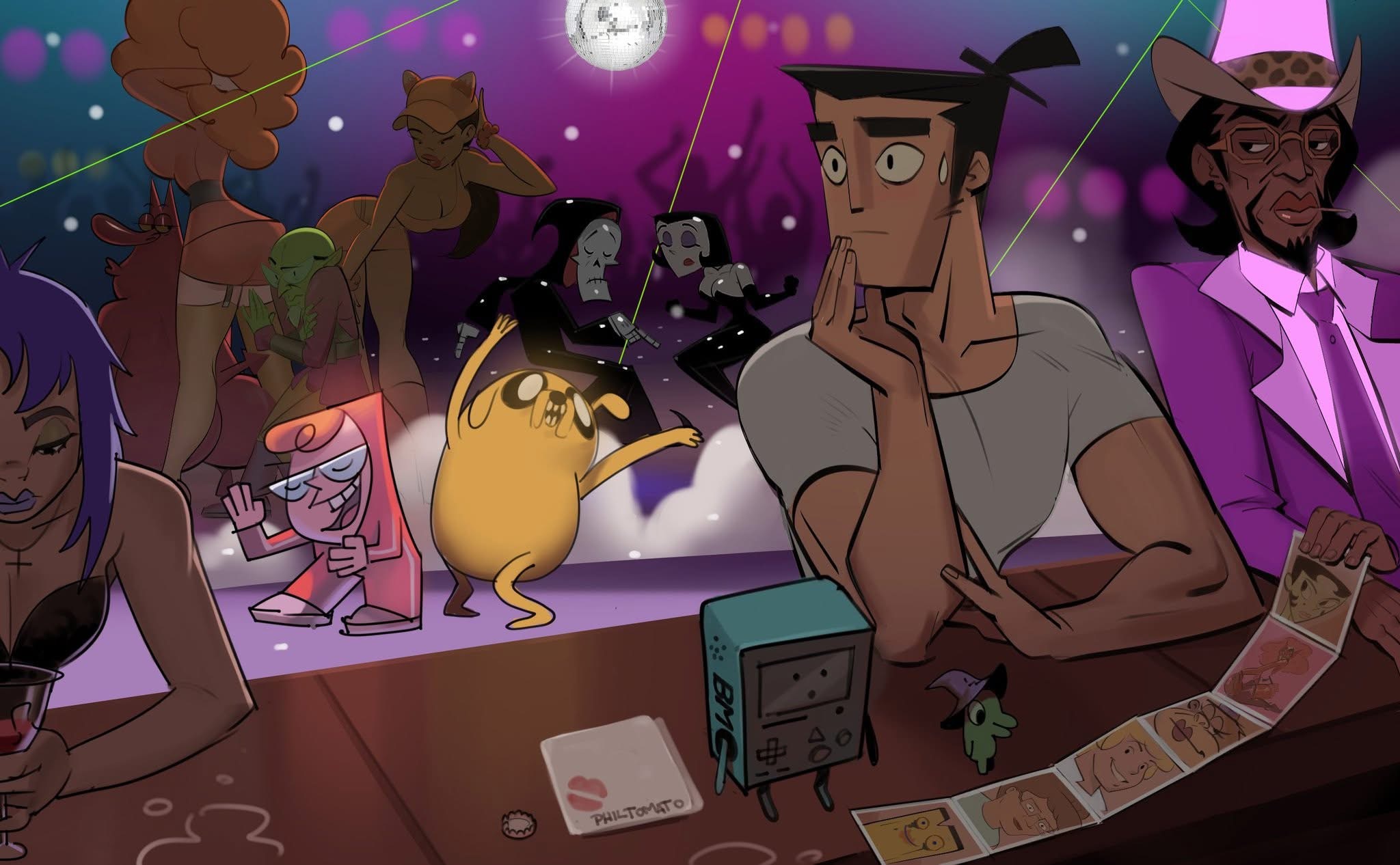 a variety of cartoon characters are partying in a bar under a disco ball. the bar has characters like samuari jack, bmo, and a bartender in a cowboy hat. in the crowd of people dancing are characters such as jake from adventure time, dexter from dexter's laboratory, and grim from the grim adventures of billy and mandy. some sexy ladies are posing near the dancers. a bartender is showing another character cartoon character cards.