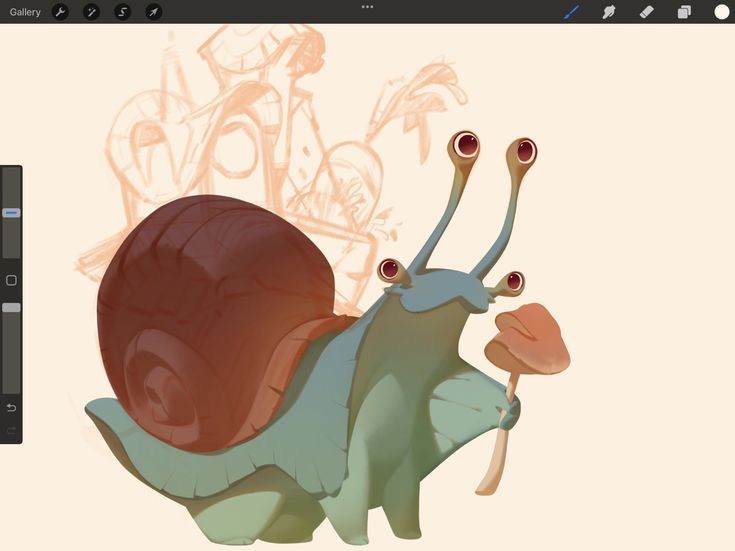 the image shows a digital painting of a whimsical, cartoonstyle snail.  the snail is tealcolored with large, expressive eyes and is holding a small, orange mushroom. the snail's shell is a warm brown, and the overall color palette is pastel and soft. in the background, there is a faded, light orange sketch that looks like a rough draft of other characters or elements. the style of the painting is stylized and appears to have been created on a digital art tablet, possibly using software like procreate, given the visible interface elements in a corner of the image. the overall feel is lighthearted and friendly.
