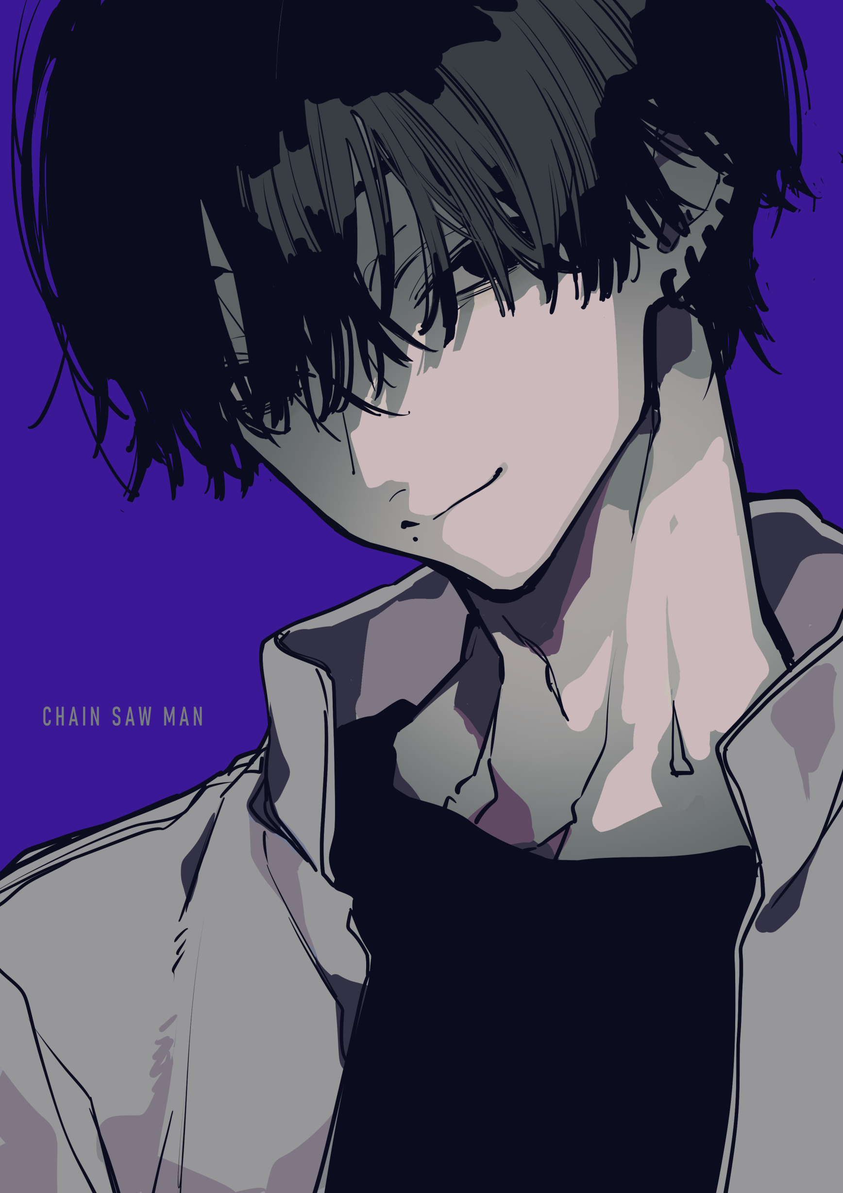 an animestyle image features a smirking man with black hair, the character is from the chainsaw man manga. the background is a solid purple color, and the text "chain saw man" is visible in the lower left corner.
