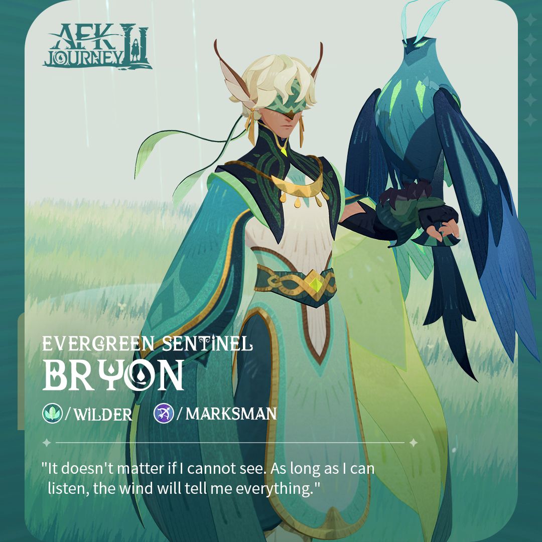 the image showcases bryon, the "evergreen sentinel" from the game afk journey.  he is a male character with fantastical pointed ears, wearing an elaborate green and white outfit suggesting an elven or naturethemed origin. bryon is blindfolded, and he holds a tealcolored bird of prey on his left arm, signifying a connection to nature.  the background is a simple green field. the overall aesthetic is soft and ethereal, typical of fantasy art styles.