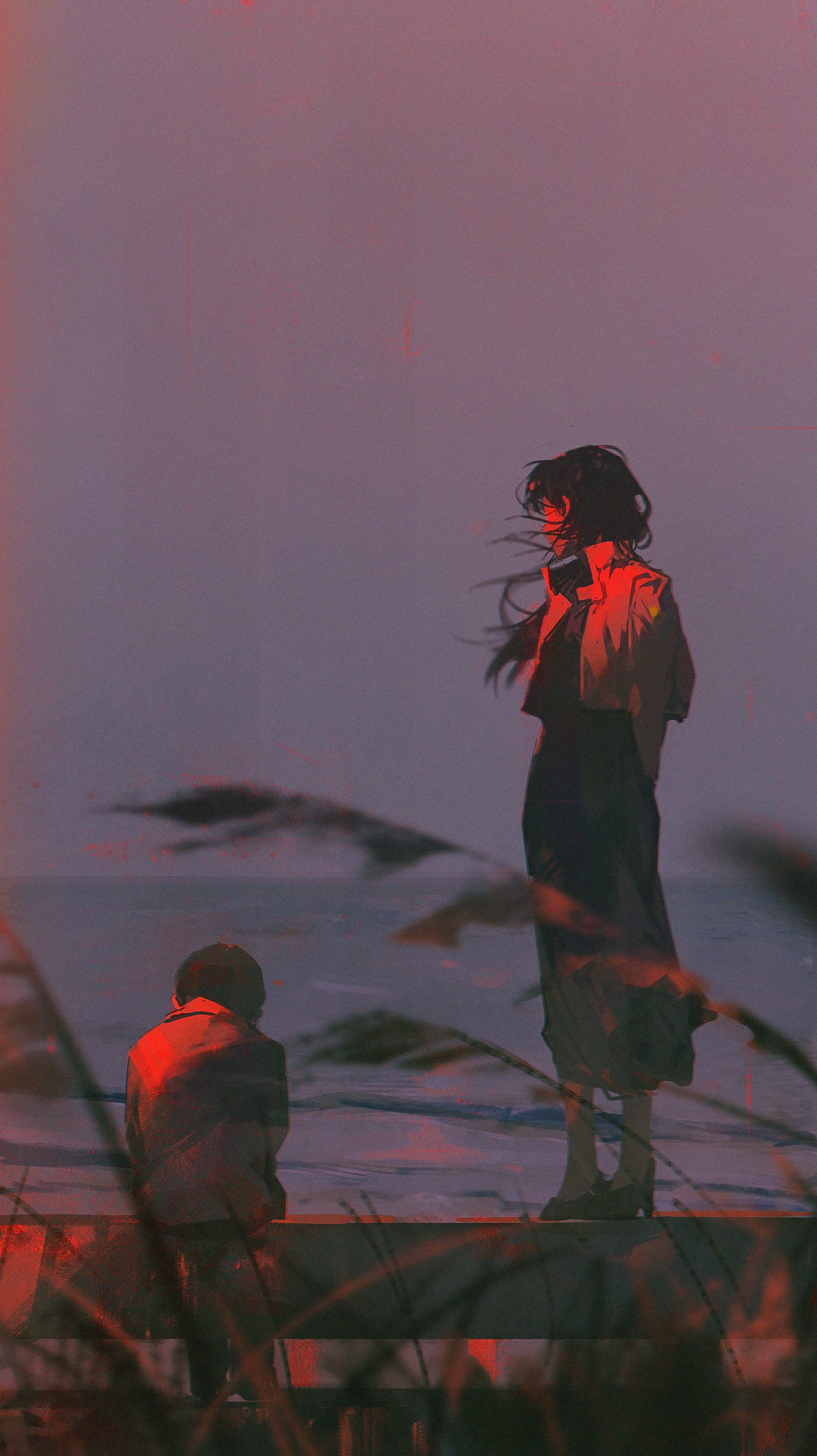 a woman stands on a ledge by the sea, her figure silhouetted against a vibrant sunset. her hair billows in the wind as she gazes out at the water. behind her, a man sits slumped, his back to the viewer, seemingly distant and lost in his own thoughts. the overall tone of the image is melancholic and evocative, hinting at themes of love, loss, and the complexities of human relationships.