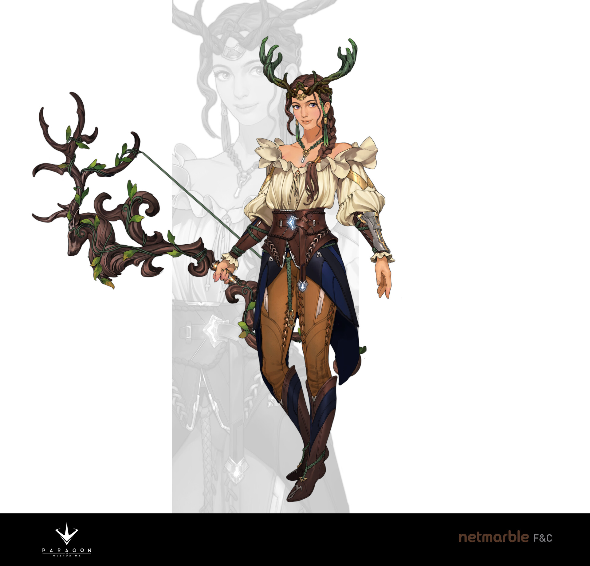 the image showcases a detailed digital painting of a female fantasy character, possibly an elf or wood nymph. she's dressed in a natureinspired outfit with an offtheshoulder cream blouse, brown leather armor, and  dark bluetoned pants.  the character wears a crown or headband made of stylized deer antlers and vines. she holds a unique bow crafted from wood and vines, mirroring the style of her antlers.  the artwork is highly detailed, including intricate textures in the clothing, armor, and bow.  a faded image of a similar female character is partially visible in the background. the artwork is credited to netmarble f&c.