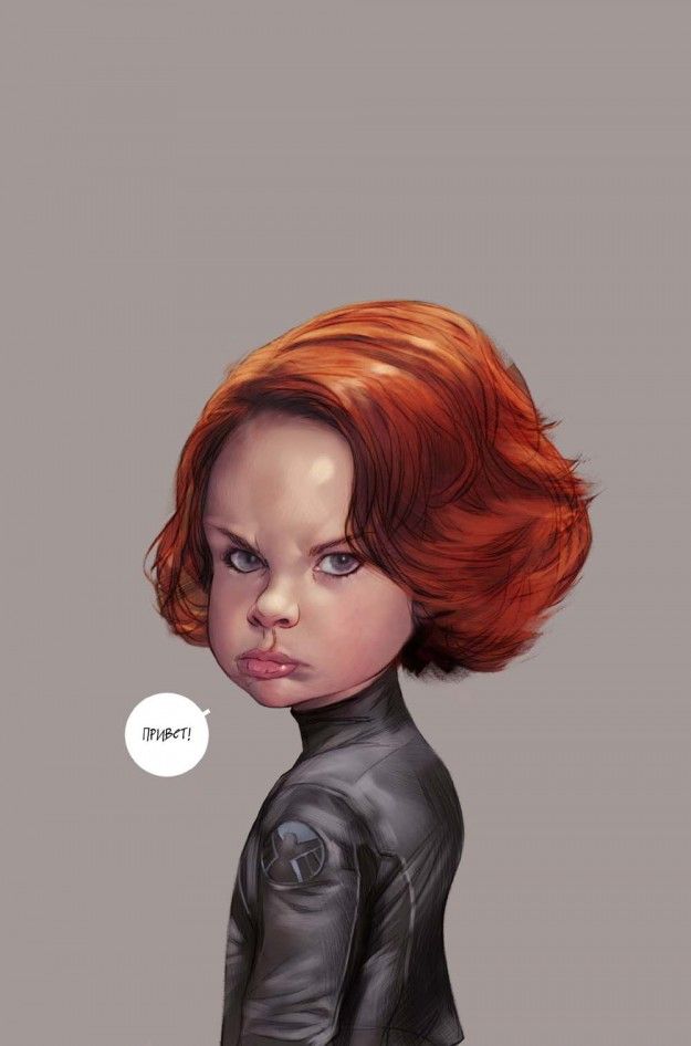 a caricature of black widow as a young child. she has a red bob haircut and wears a black leather jacket with a logo on the shoulder. a speech bubble containing text in russian appears next to her.