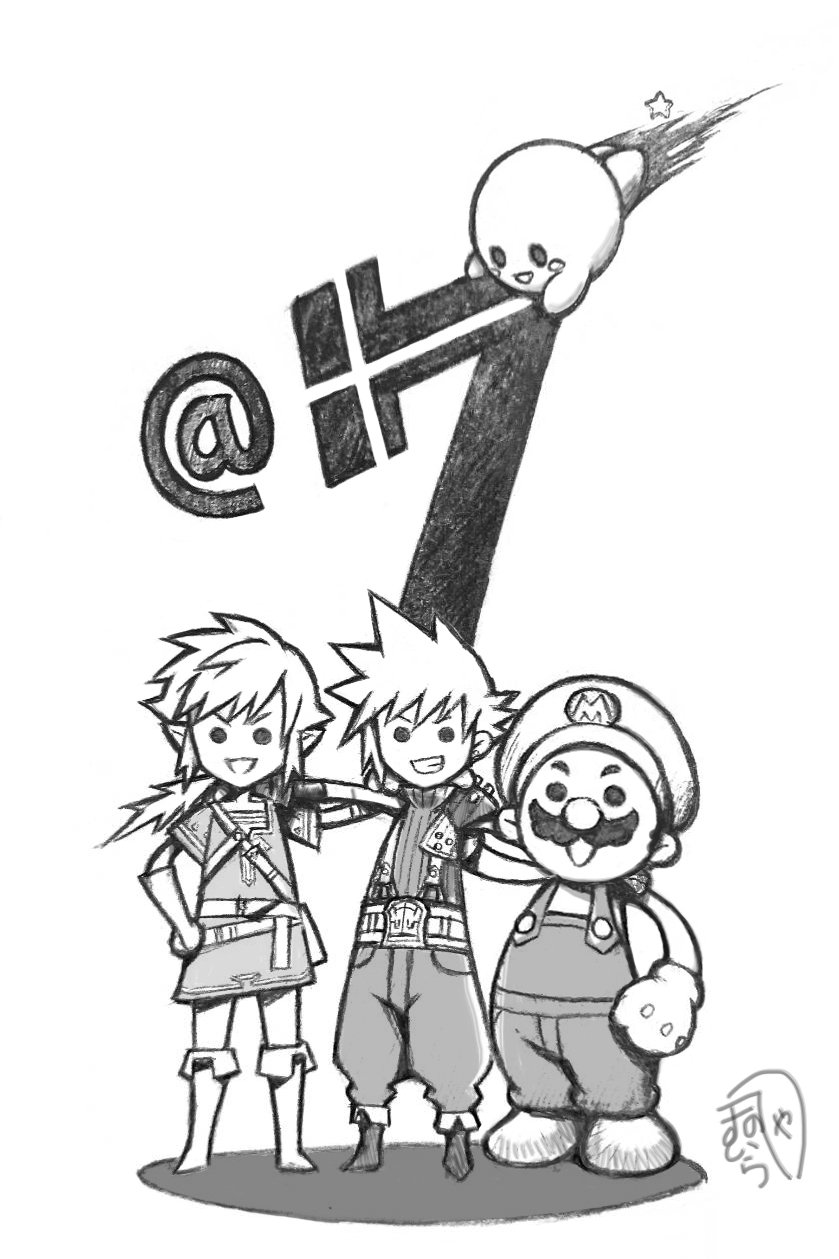 a black and white sketch of sora, riku from kingdom hearts, and mario from super mario bros. standing together. riku has his arm around sora's shoulders, while mario has his arm around riku's shoulders. there is a stylized "@" symbol and the number 7 behind them, with what appears to be a small kirbylike character holding onto the number 7 as if it were a rocket. the number seven likely represents an anniversary celebration. the artwork is drawn in a cute and simplistic chibi style.