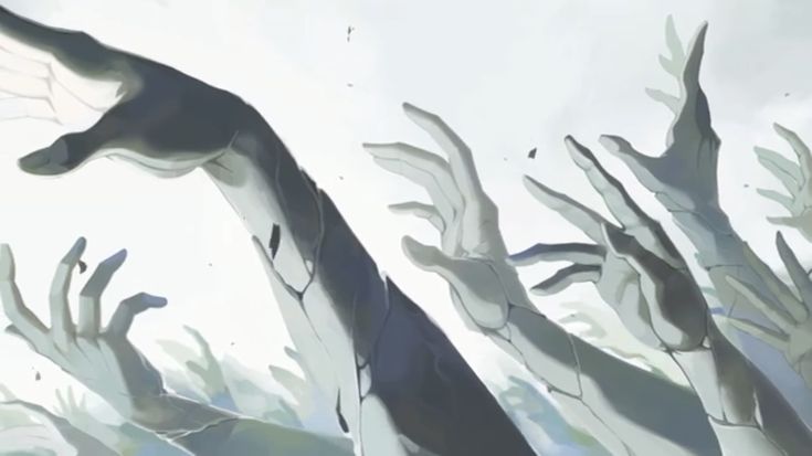 the image depicts a multitude of pale, ethereal hands reaching upwards towards a bright sky. the hands appear fractured, with cracks and fissures suggesting they may be made of stone or some brittle material. the overall impression is one of desperation, hope, or perhaps even a macabre fantasy scene. the style is reminiscent of an illustration, possibly digital art.