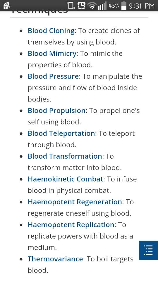 the image is a list of bloodrelated techniques or abilities. each item in the list describes a power or technique that involves blood, such as cloning, mimicry, pressure manipulation, teleportation, transformation, combat, regeneration, replication, and boiling.