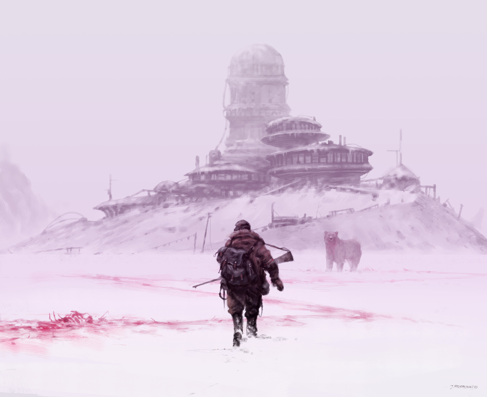 this is a digital painting of a lone man in a snowy wasteland. he is walking away from a large, dilapidated building and a bear, presumably, to hunt, with a rifle slung over his shoulder and a backpack on his back. the snow is pink and red in color, which suggests that there is blood on the ground. the sky is also pink and red, which suggests that there is a lot of red and pink in the sky and ground. the image creates a sense of desolation and loneliness.