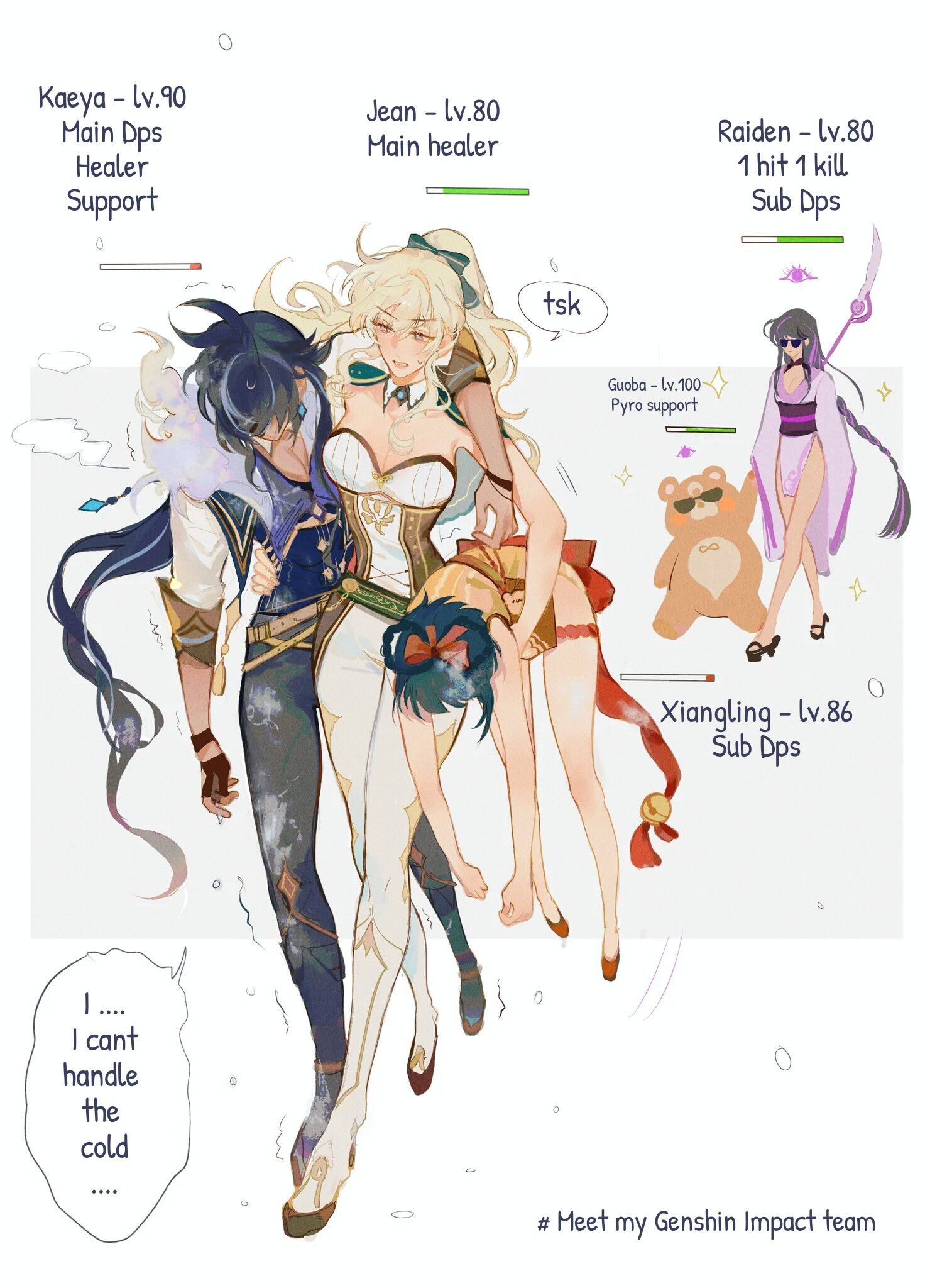 the image is a digital fanart featuring several characters from the game genshin impact.  the main focus is on four characters: kaeya (main dps and healer), jean (main healer), xiangling (sub dps), and raiden shogun (sub dps). they are depicted in a playful and slightly chaotic manner, with xiangling appearing to be passed out or asleep while being carried by kaeya and jean. guoba, xiangling's pet, is also present.  text boxes indicate each character's level and role within the team. a speech bubble shows kaeya saying he can't handle the cold. the art style is cute and colourful, and the overall vibe is humorous. the bottom of the image includes the hashtag "#meet my genshin impact team".