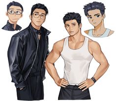 the image showcases four different artistic interpretations of the same male character, likely from an anime or manga. he is depicted in various styles and outfits, highlighting different aspects of his personality and fashion sense.