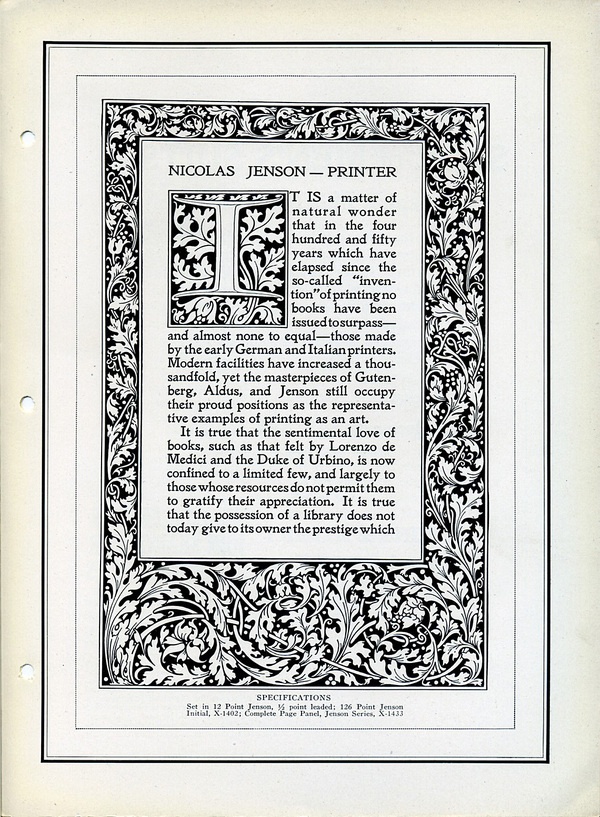 this is a page from a book about nicolas jenson, a printer who is renowned for his contributions to the development of printing during the renaissance. the page features a large ornate initial "t" and a text block that extols jenson's work and the beauty of his printing.  the layout and typography are typical of books printed in the 19th century.