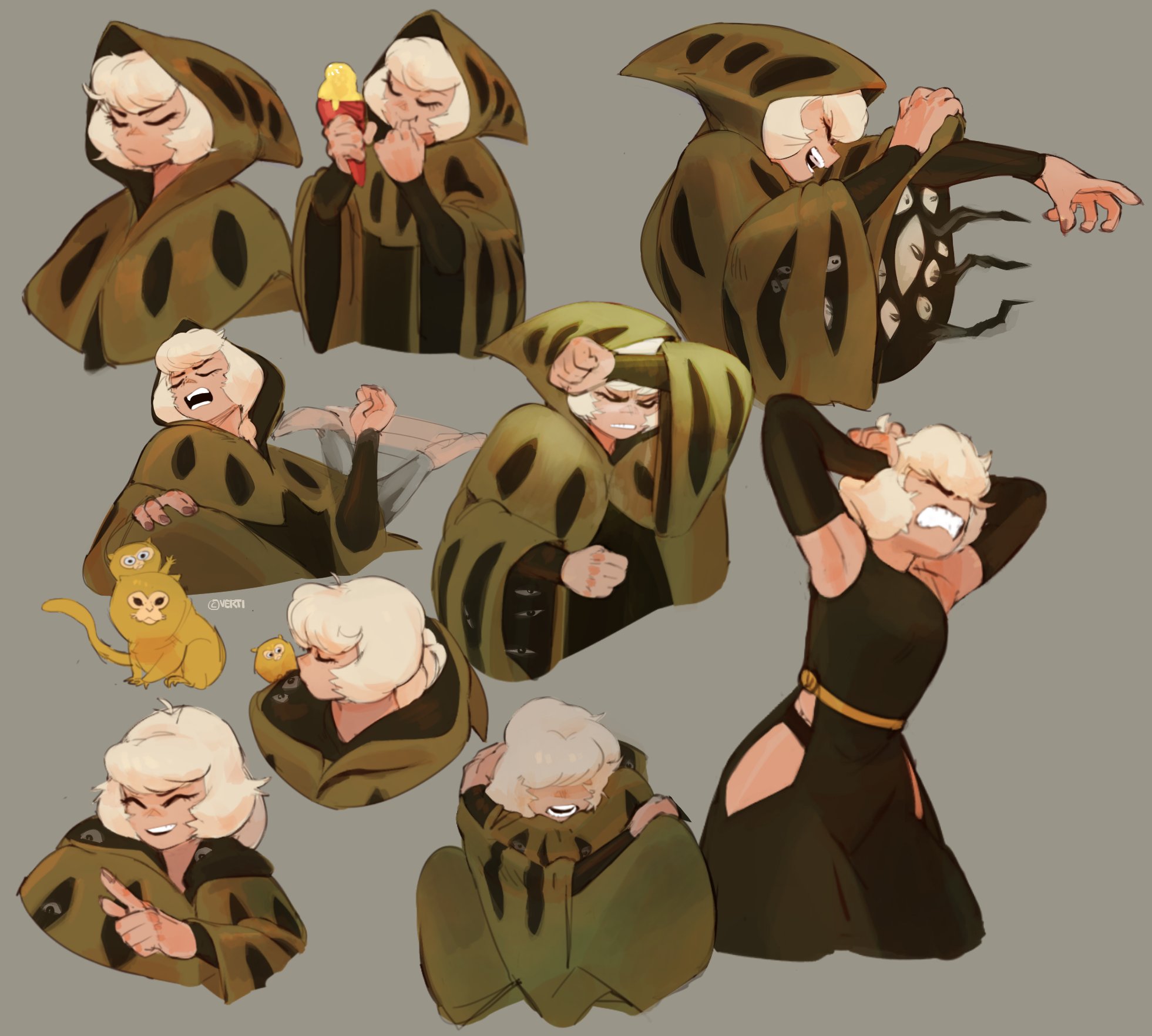 this is a digital illustration that shows a character design concept with different facial expressions and poses. there are nine drawings in this image with a whitehaired female character with a black and green outfit. the character appears to be a witch with a strange creature with her, and the outfit might be a type of robe. the image uses different colors like green, black, white, and yellow to portray this witch character.