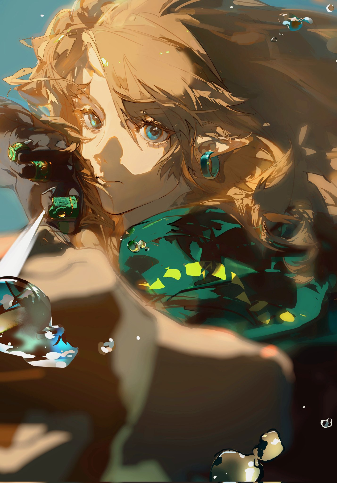 a young woman with long blonde hair and blue eyes looks out from the depths of a clear, sparkling pool of water.  light shimmers around her, casting an ethereal glow. her eyes hold a sense of mystery and wonder.