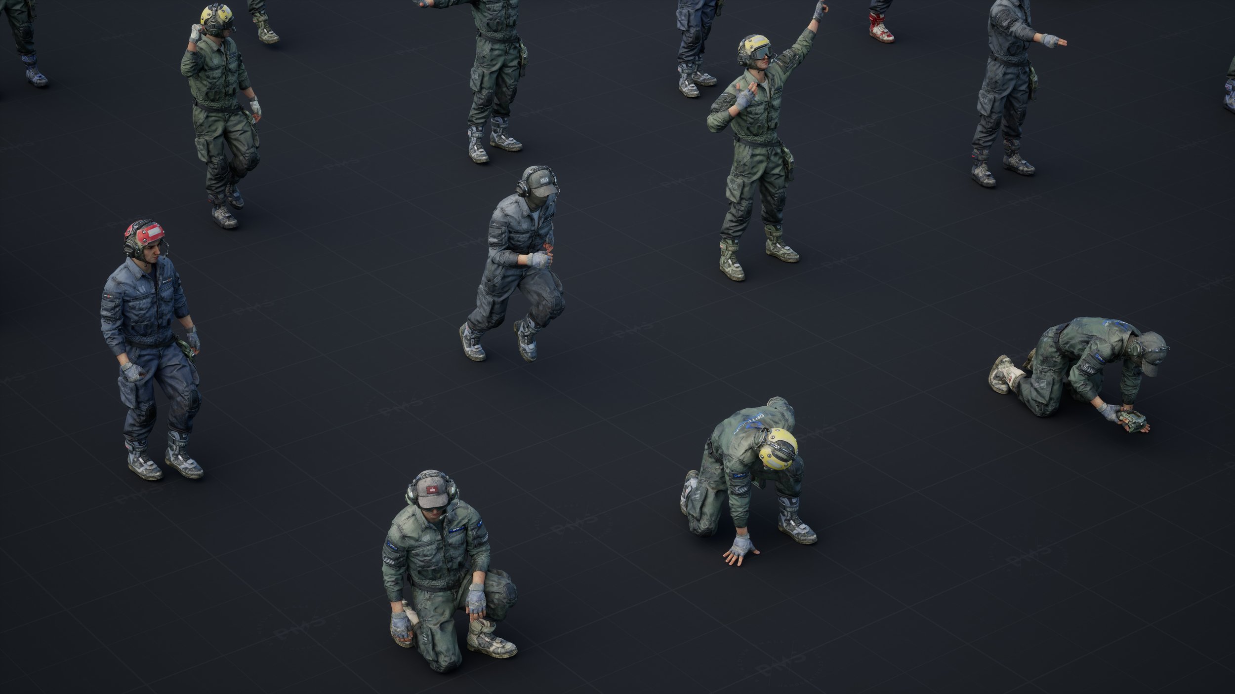 highangle, full shot of several 3d rendered models of soldiers in various poses are spread across a dark gridded floor.  they are wearing camouflage uniforms and helmets. some are standing, others are crouching or kneeling, and some appear to be performing actions such as inspecting something.  the overall mood is dark and serious.