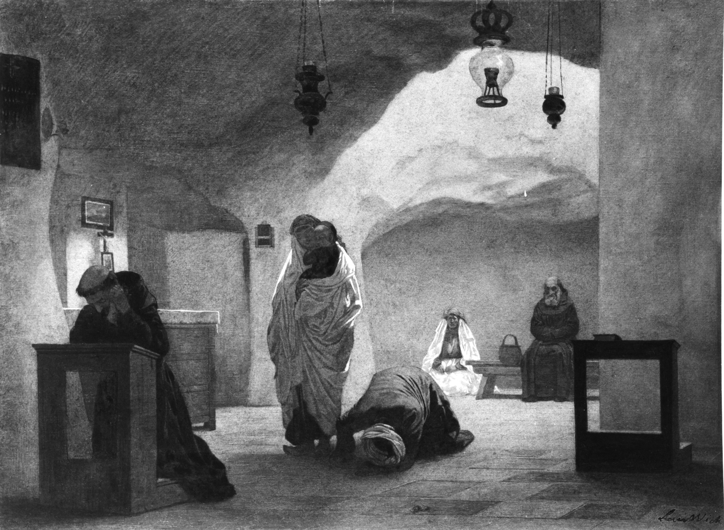 a black and white drawing depicts an interior religious space where several people are engaged in various forms of worship. a woman draped in a white shawl stands holding a child. in front of her, a man is kneeling and bowing in prayer, wearing a turban. to the left, a person is kneeling at a confessional, their head bowed in prayer. in the background, an older person is sitting on a bench, seemingly in contemplation. overhead, there are three hanging light fixtures. the overall atmosphere is solemn and spiritual, with the architecture suggesting either a church or a mosque. the art style indicates it is likely from the 19th century or earlier.