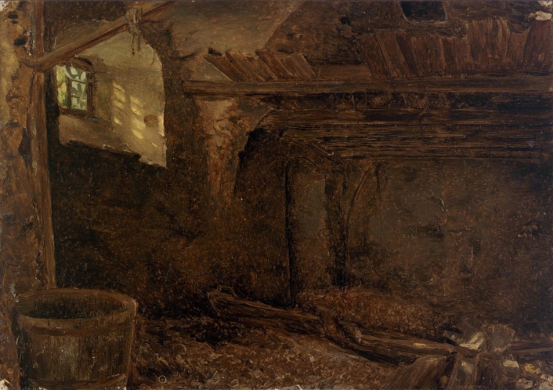 a dimly lit interior space features a bucket in the lower left corner. a window lets in light, illuminating the back wall. wooden beams and timber structures are visible on the ceiling and walls. hay and other materials cover the floor, creating a rustic or agricultural setting.