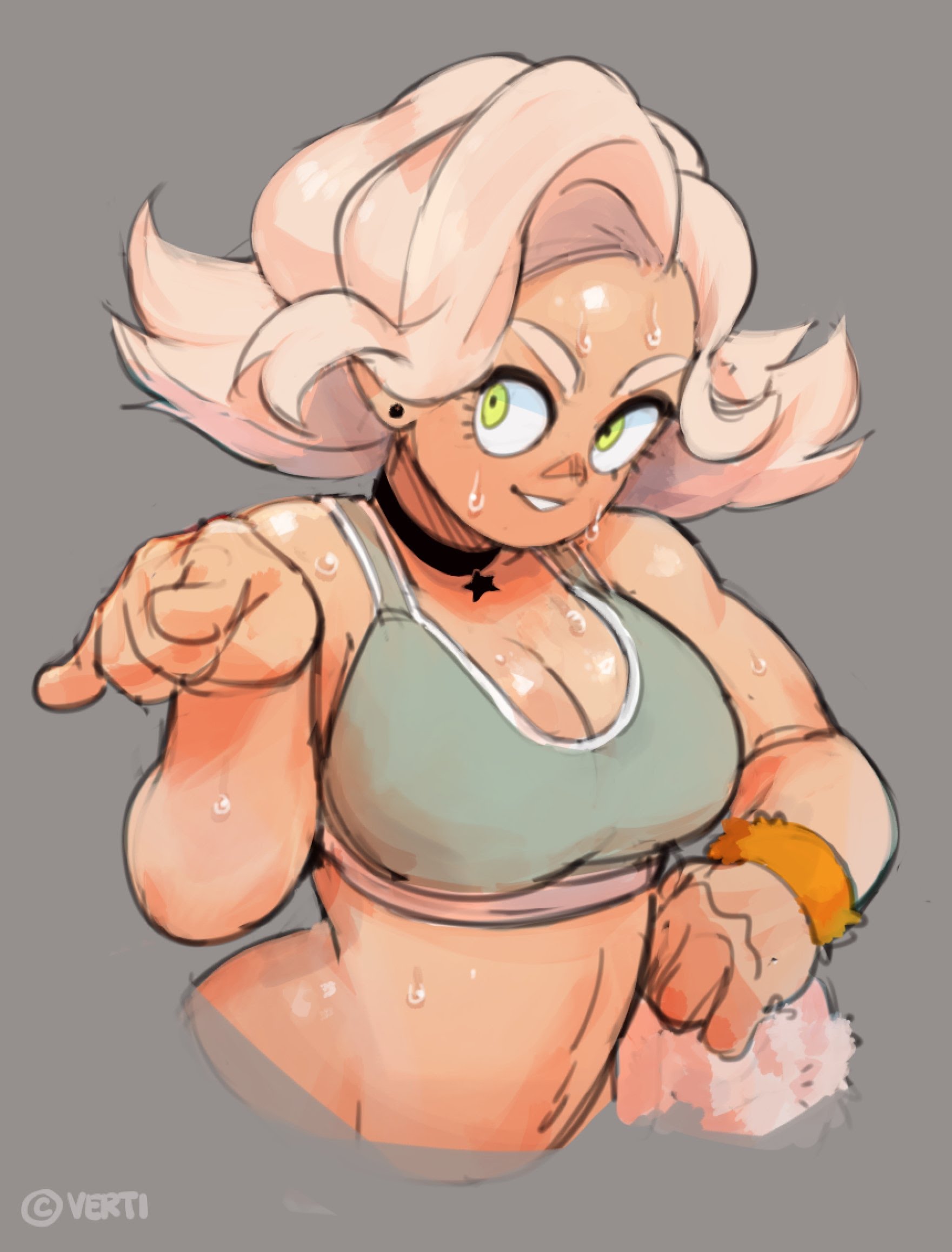 a cartoon anime girl with pink hair and brown skin is dressed in a sports bra and is sweating while smiling happily. she seems to be enjoying her workout.