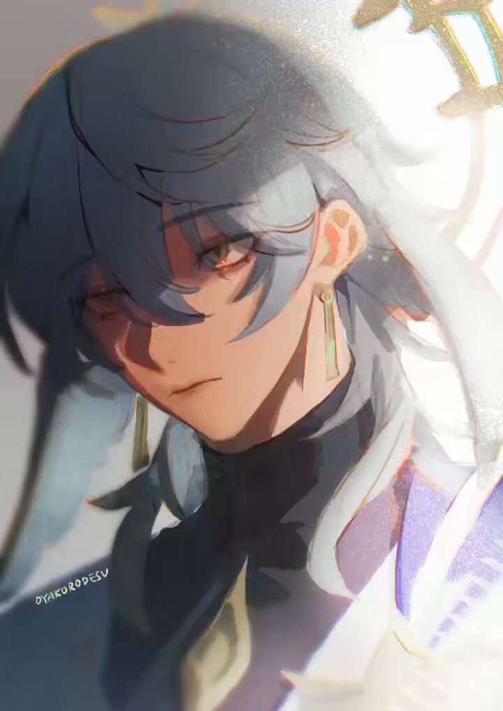 this is a digital art illustration of a young man with white/silver/blue hair. he is wearing a white shirt with a golden necklace and a pair of golden earrings. he has soft features, gentle eyes, and a very elegant look. the image has a soft, dreamlike quality.