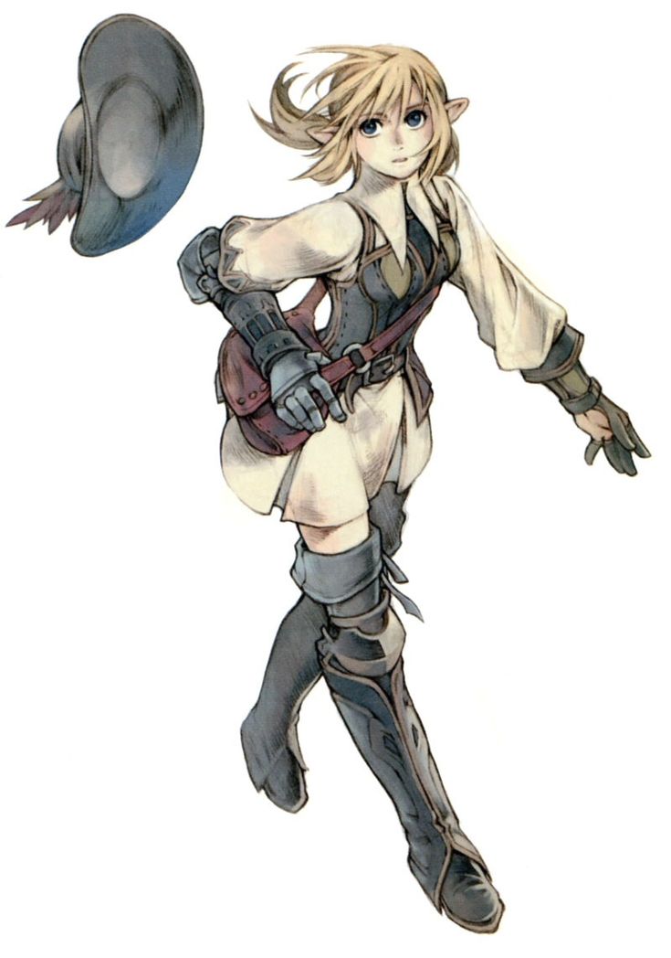 an animestyle drawing of a female character. she is wearing a hat, armor, and boots. she is holding a sword and looks like she is ready for battle.