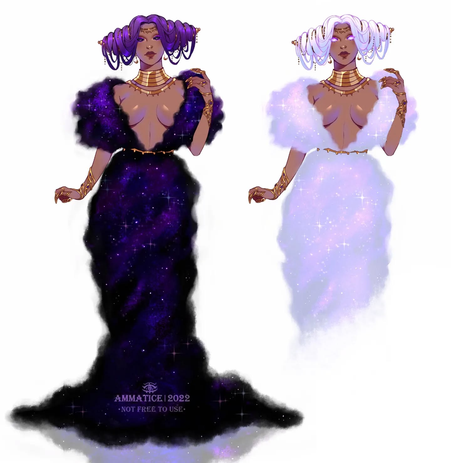 the image showcases two digital illustrations of a female character, seemingly goddesses or celestial beings. both figures share the same pose and structure, adorned with elaborate gold jewelry and intricately styled hair, one purple and the other white. the key difference lies in their attire; one is draped in a flowing gown resembling a dark, starfilled galaxy or nebula, while the other wears a similar gown but with a lighter, ethereal, cloudlike texture. the style is reminiscent of fantasy art with a focus on detail in the clothing, hair, and accessories.  a watermark stating "ammatice | 2022  • not free to use •" is present. the overall visual effect is striking, playing on contrasts of light and dark, color and texture to portray the duality of the characters.