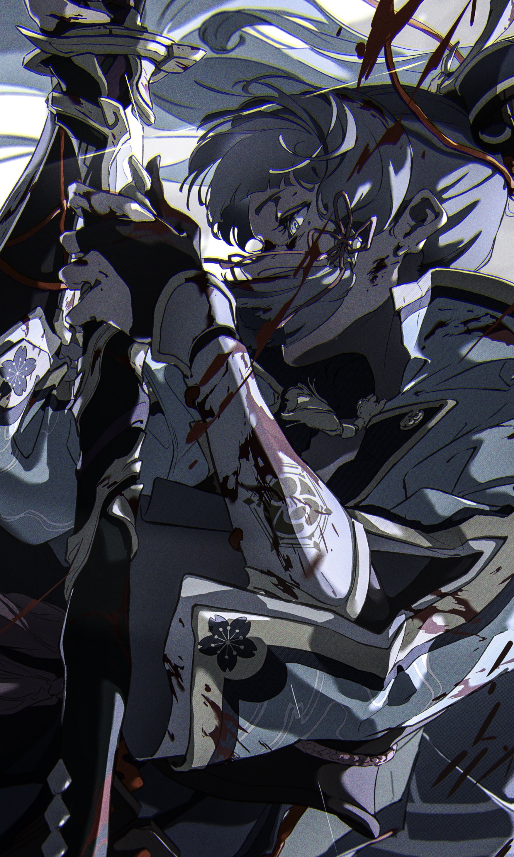 the image shows a male anime character who appears to be injured. he is covered in blood and is holding a sword. the character has blue hair and blue eyes. he appears to be kamisato ayato from genshin impact.