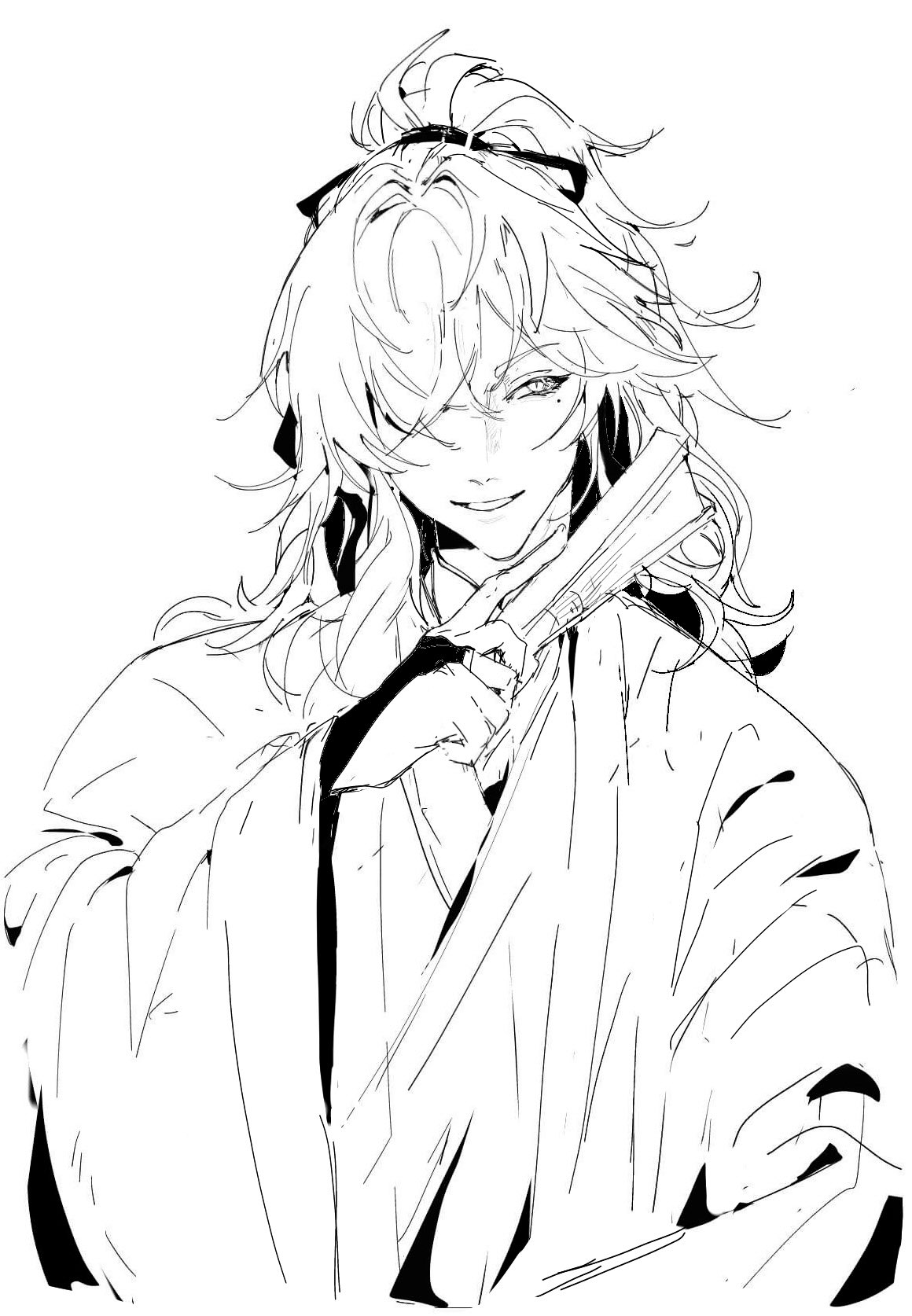 a black and white line drawing of an anime male character. he has long white hair and is wearing a kimono. he is holding a fan in his left hand. the character is drawn in a stylized way, with sharp lines and exaggerated features. the drawing is very detailed, and the character's expression is one of determination.