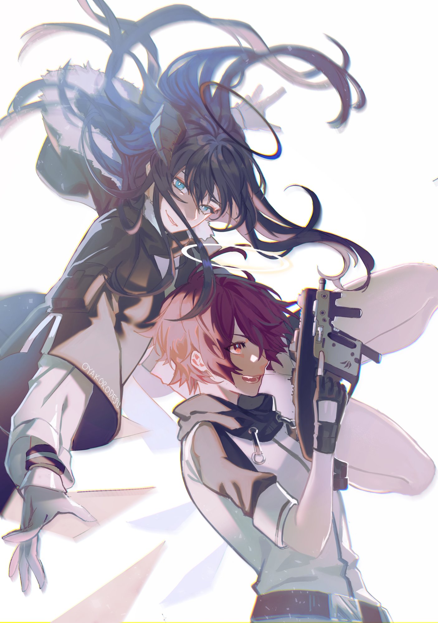 two anime girls, one with long black hair and the other with pink hair, are facing the camera. the girl with the long hair is wearing a black and white outfit, while the girl with the short hair is wearing a white and grey outfit. both girls are holding weapons and seem to be ready for action. the background is white.
