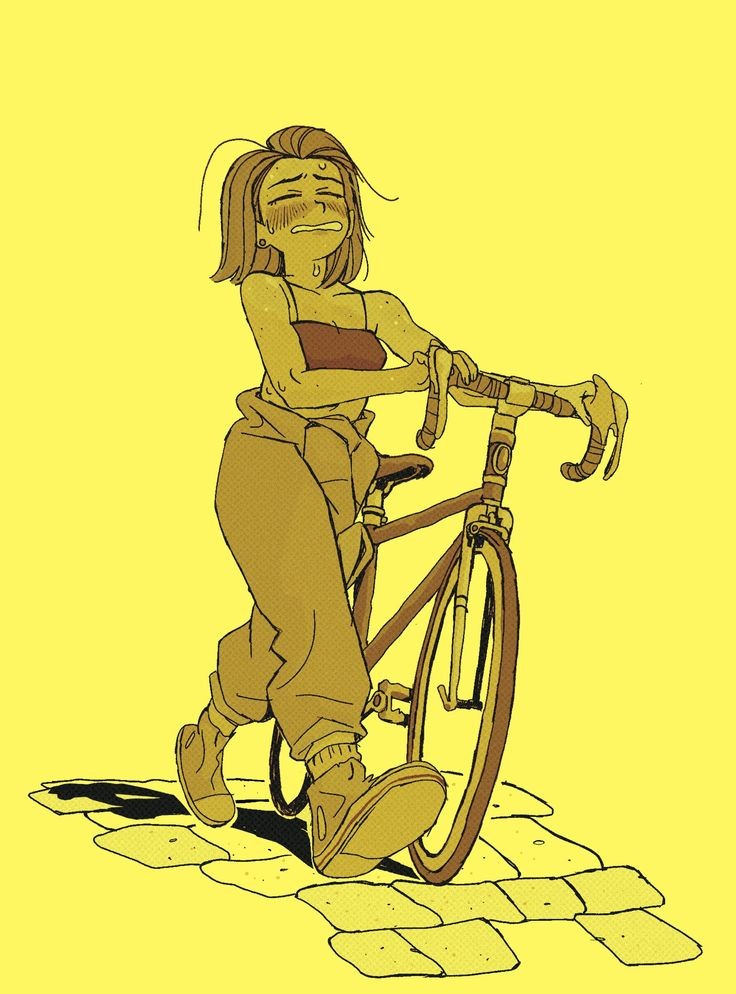 a cartoon illustration of a woman walking her bike down a cobbled sidewalk. she looks hot and exhausted, with beads of sweat dripping down her face. the sun is high and casts a strong shadow behind her.  the color palette is limited with a bright yellow background and brown accents.