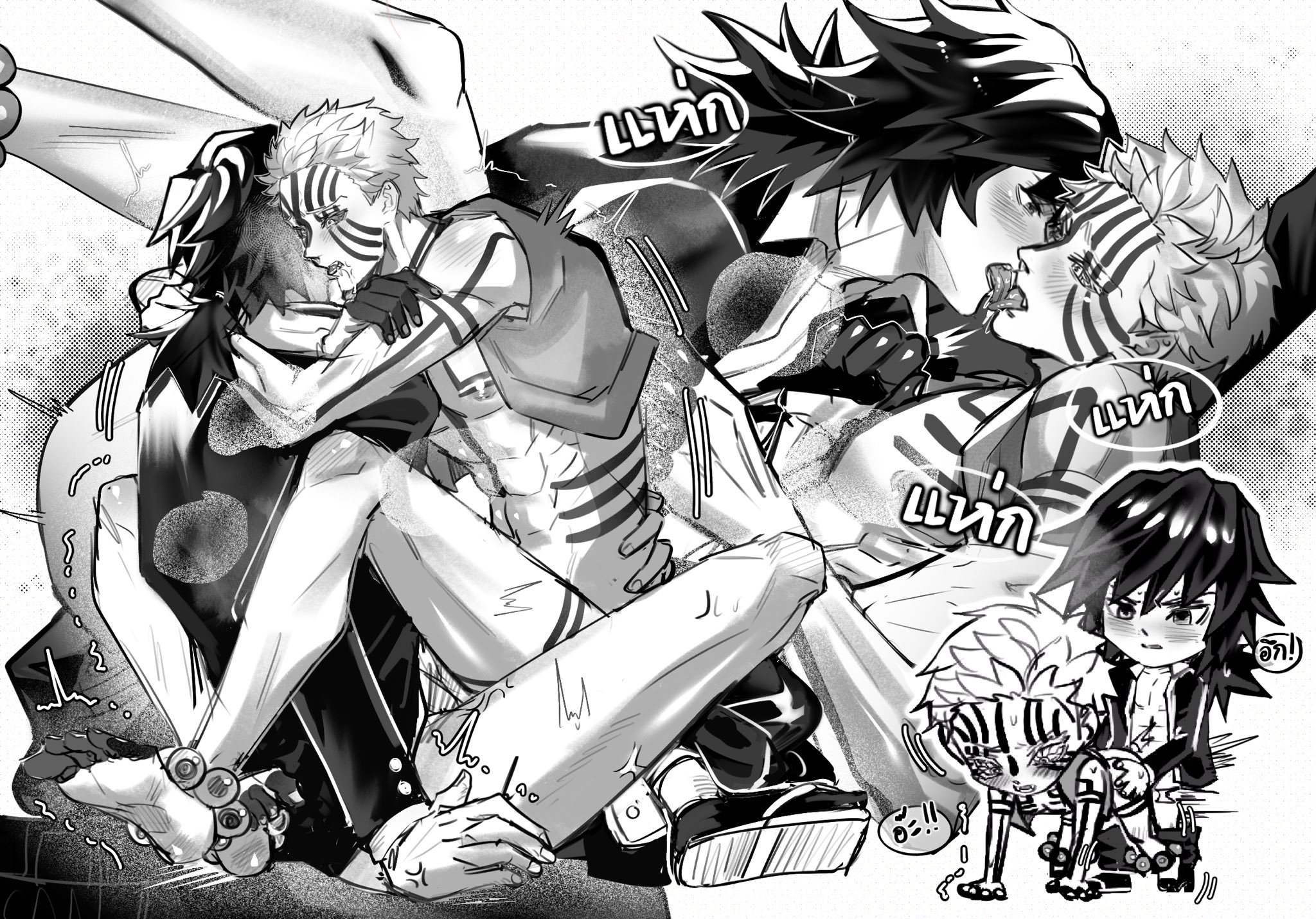 the image is a black and white fanart depicting a passionate and suggestive scene between two male anime characters, strongly resembling douma and kokushibo from demon slayer (kimetsu no yaiba).  the style is reminiscent of manga artwork.  the characters are intimately intertwined, with suggestive body language and positioning.  in the lower right corner, there are smaller depictions of chibistyle versions of what appears to be the same characters in a more playful interaction. thai text is present in speech bubbles throughout the piece. the overall mood is intensely romantic and sexually charged.