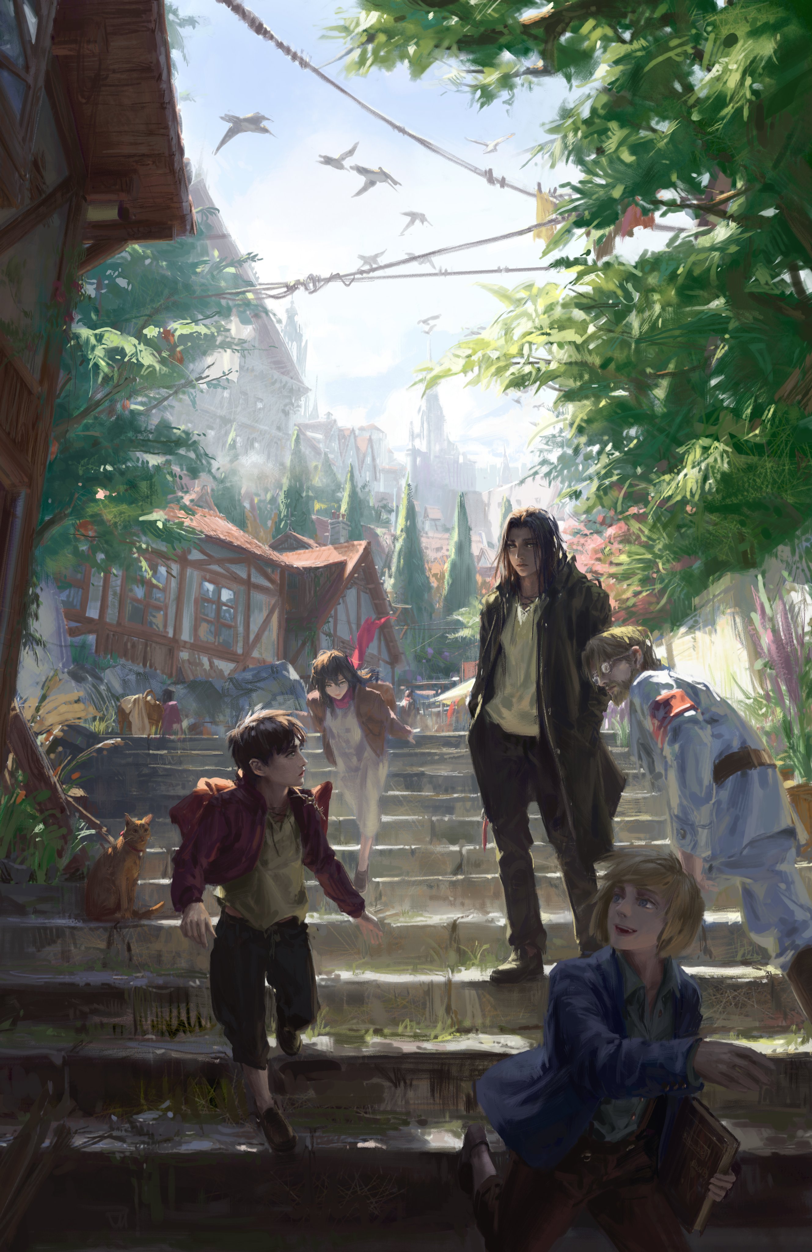 the image depicts a group of animestyle characters on a set of stone stairs in a europeanlooking town. from left to right, we see a young boy in a maroon jacket running down the stairs, a cat sitting nearby. behind him, mikasa ackerman walks up the stairs. in the center stands eren yeager, wearing a long dark coat. to the right of eren is armin arlert in a military uniform. another younger boy in a blue jacket is running down the stairs in the foreground, holding a book. the town is visible in the background, with various buildings, trees, and birds in the sky.