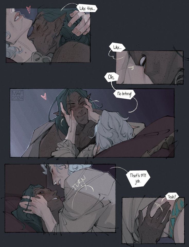 the image is a fourpanel digital fanart comic or manga, seemingly depicting a romantic relationship between two fantasy characters.  the art style is soft and muted, using mostly grey tones. the characters appear to be an elflike figure with light hair and an orclike character with darker skin and green hair.  the panels show a progression of a romantic interaction, from initial awkwardness and playful biting to more intimate cuddling and declarations of affection. the overall tone is intimate and affectionate. the art style suggests a focus on emotional expression and subtle narrative.