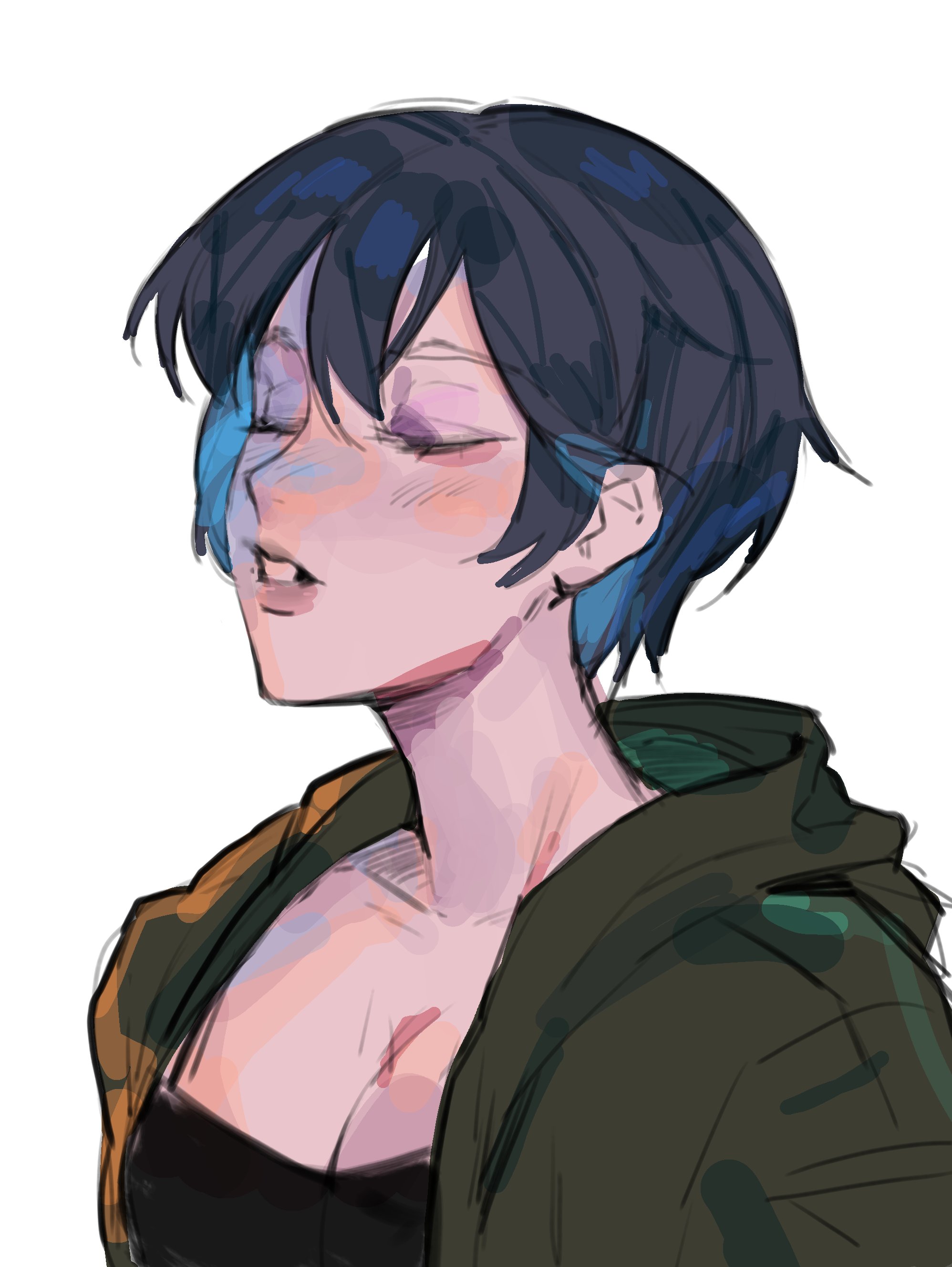 the image is a digital painting or drawing of an animestyle female character. she has short, dark blue hair with hints of lighter blue underneath, and is wearing a dark olive green hoodie.  her eyes are closed, and she has a relaxed, almost dreamy expression with a slight blush on her cheeks. there are subtle scars visible on her chest, hinting at a possible backstory or injury.  the art style is loose and painterly, with visible brushstrokes and a soft color palette. the overall mood is serene and slightly melancholic.