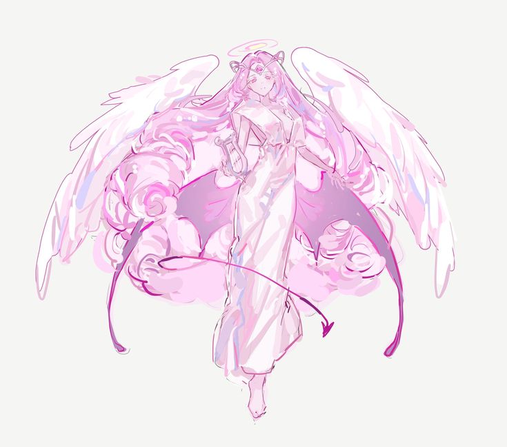 the image depicts an androgynous figure, a hybrid of an angel and a demon, with large white angel wings and smaller purple demon wings. the figure wears a long white gown and has flowing pink hair, a halo, horns, and a devil's tail. they hold a lyre and appear ethereal and otherworldly. the overall color scheme is soft pink and white.