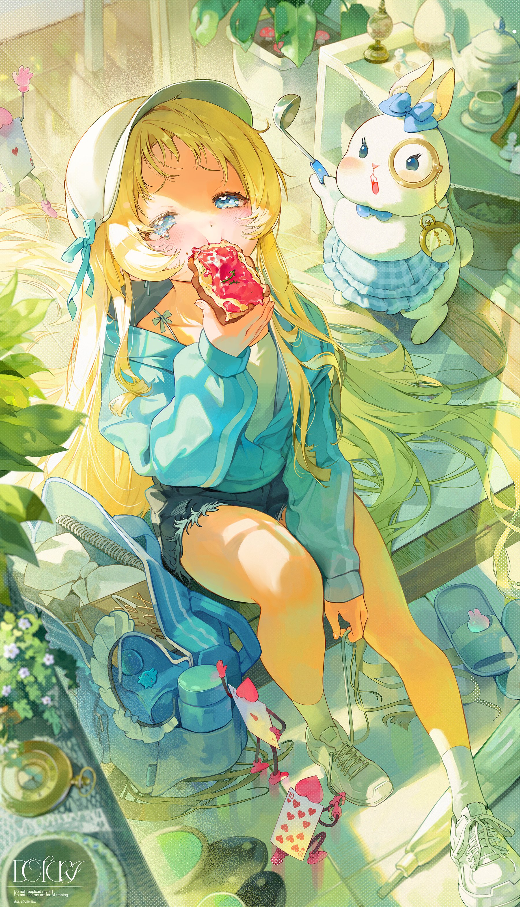 the image features an anime girl with blonde hair and blue eyes who appears to be alice from alice in wonderland. she is eating toast with strawberry jam while sitting indoors with her backpack nearby. next to her is the white rabbit with a timepiece and a ladle. there is a ten of hearts playing card on the floor and a pair of slippers.