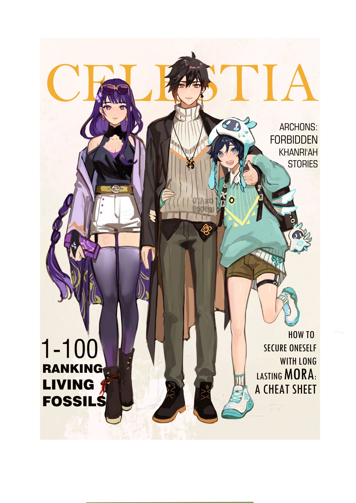 this is an image of 3 characters from the video game genshin impact, with the words "celestia" at the top of the image, which is a location in the game. the characters are ganyu, albedo, and a male character with blue hair, who is from the nation of khaenri'ah.  the text below "celestia" is, "archons: forbidden khanri'ah stories."  the words "1100 ranking living fossils" are at the bottom left, with the words "how to secure oneself with long lasting mora: a cheat sheet" on the bottom right.