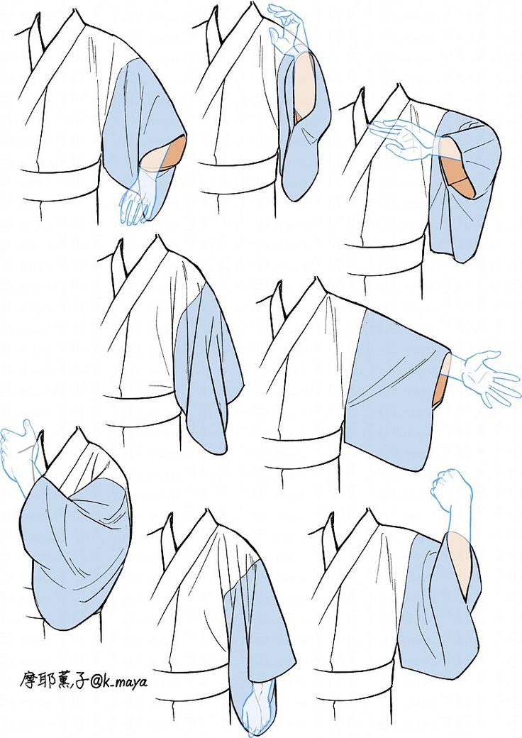 the image shows a drawing tutorial or guide illustrating different ways to draw kimono sleeves in various arm poses and positions. the sketches are in black and white with light blue shading to indicate the sleeve's shape and form. several examples demonstrate the sleeve's drape and movement based on the arm's position.
