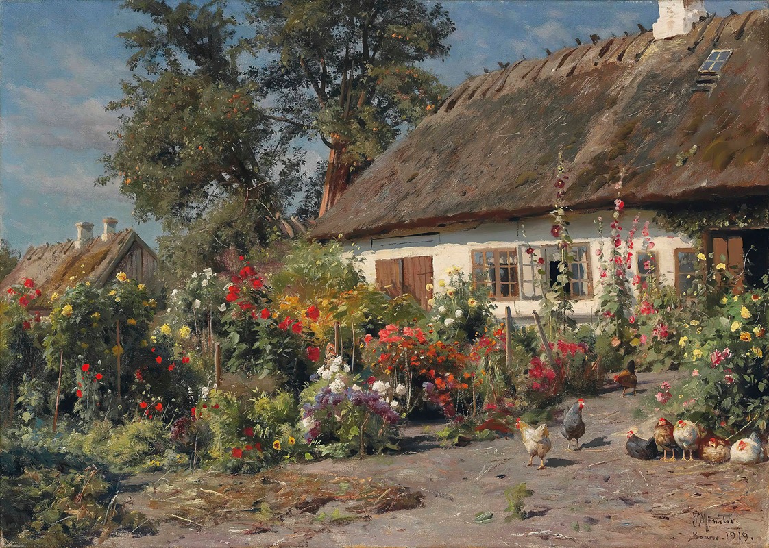 the image is a painting depicting a charming cottage scene. a quaint cottage with a thatched roof is the focal point, surrounded by a vibrant garden filled with various flowers in red, yellow, white, and purple. several chickens roam the yard in front of the cottage. trees provide a backdrop with a partially cloudy sky visible above. a smaller building with a similar thatched roof is seen in the background to the left.