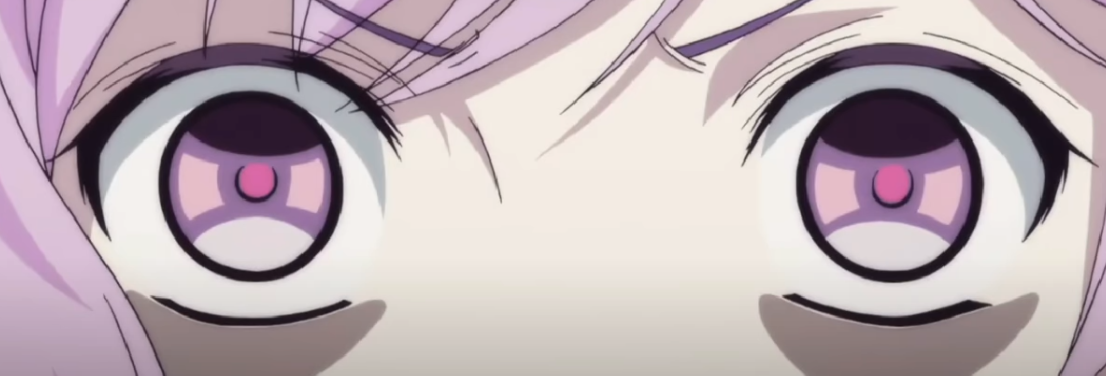 the image shows a closeup of a pair of large, animestyle eyes. the eyes are purple with pink accents and have a slightly startled expression. the surrounding skin is pale and the hair is a light lavender color. the image is brightly lit and has a soft focus.